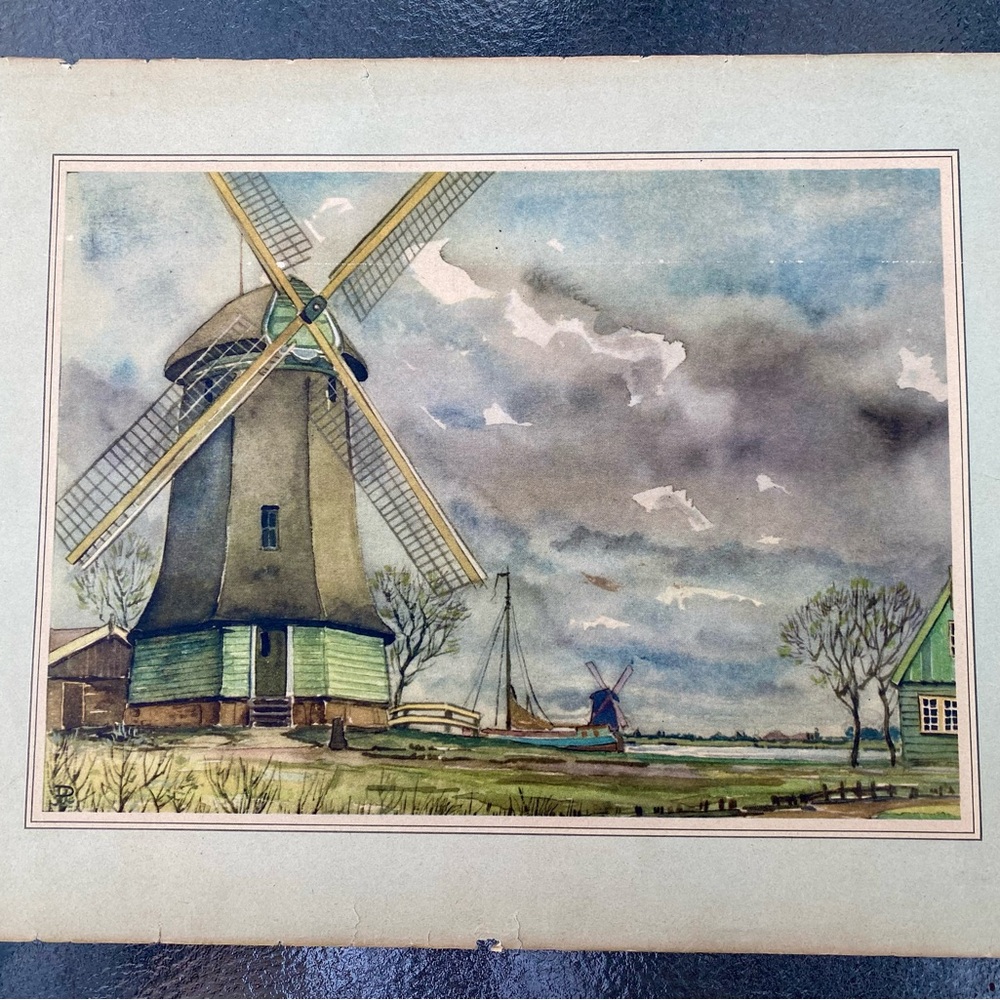 ATQ Catalog FRAMED Print Watercolor Zaanse Schans Windmill/canal/house . Signed